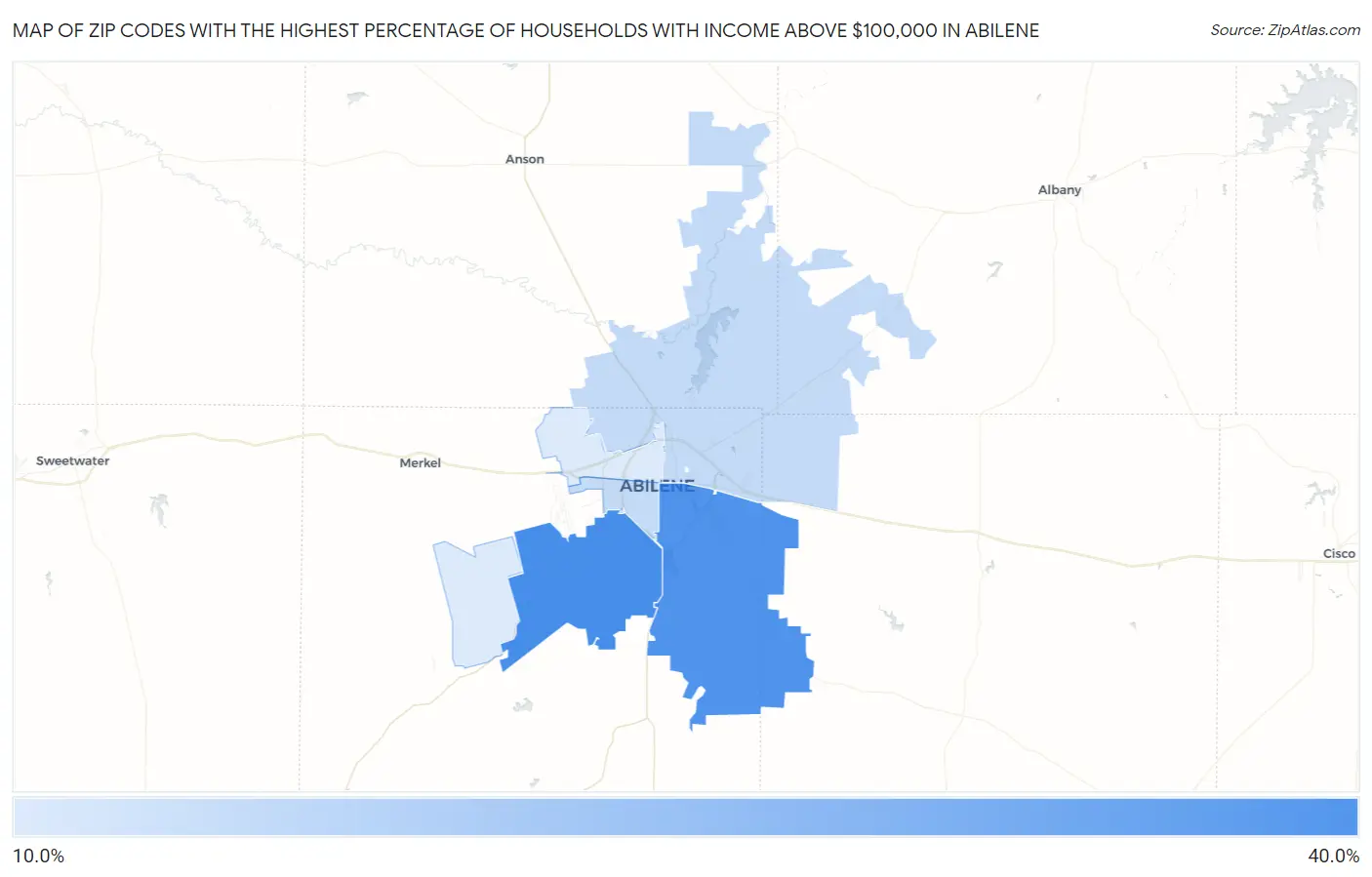 Zip Codes with the Highest Percentage of Households with Income Above $100,000 in Abilene Map