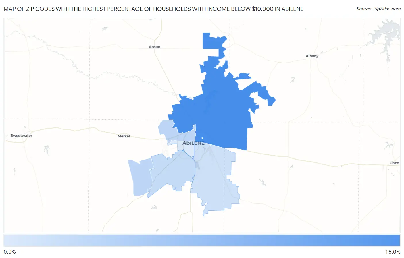 Zip Codes with the Highest Percentage of Households with Income Below $10,000 in Abilene Map