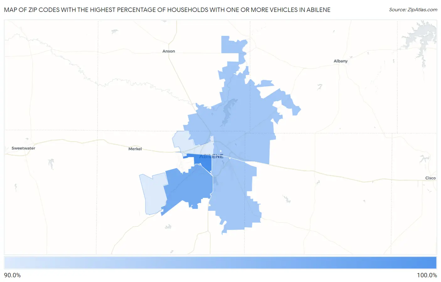 Zip Codes with the Highest Percentage of Households With One or more Vehicles in Abilene Map