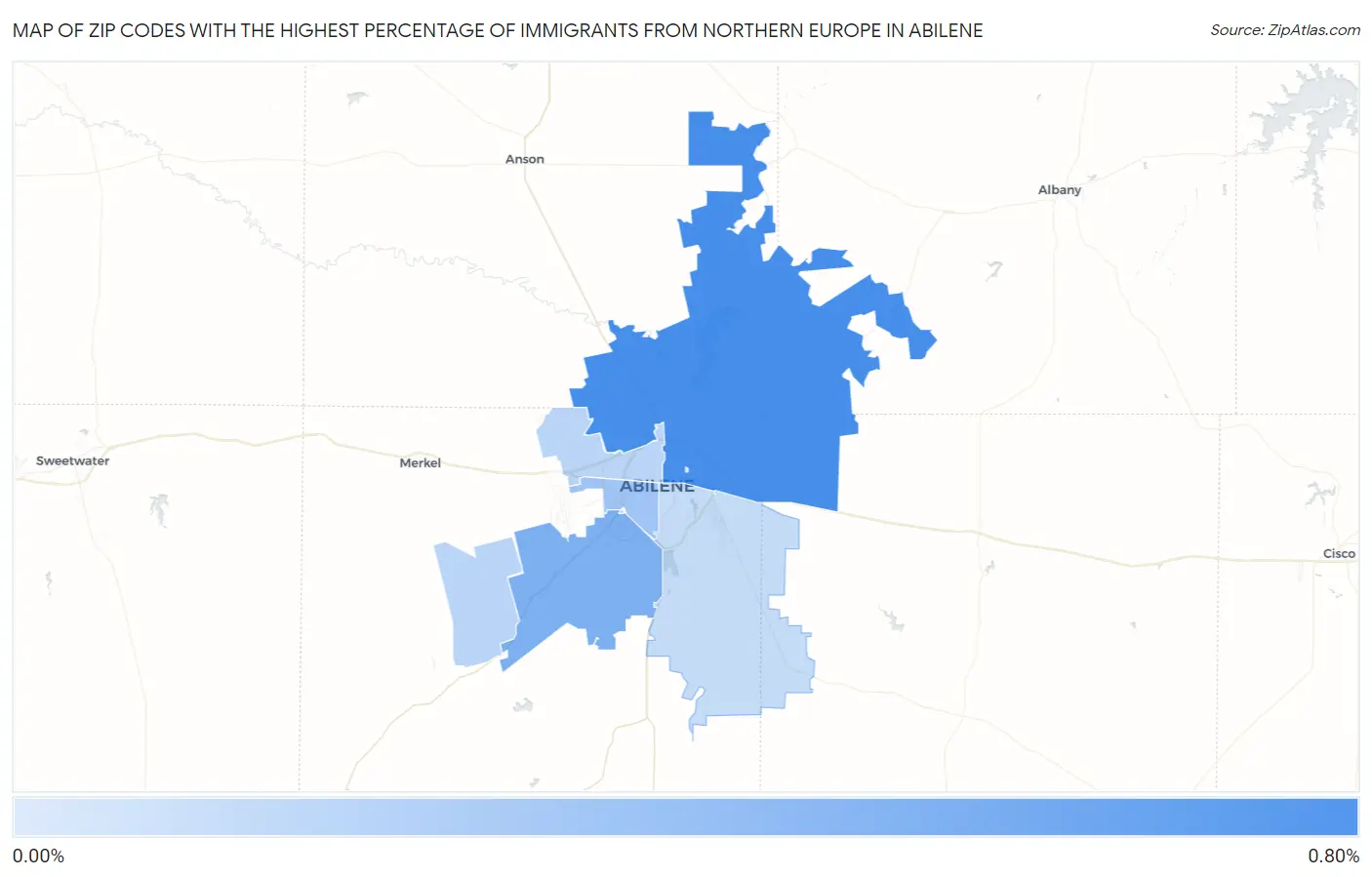 Zip Codes with the Highest Percentage of Immigrants from Northern Europe in Abilene Map