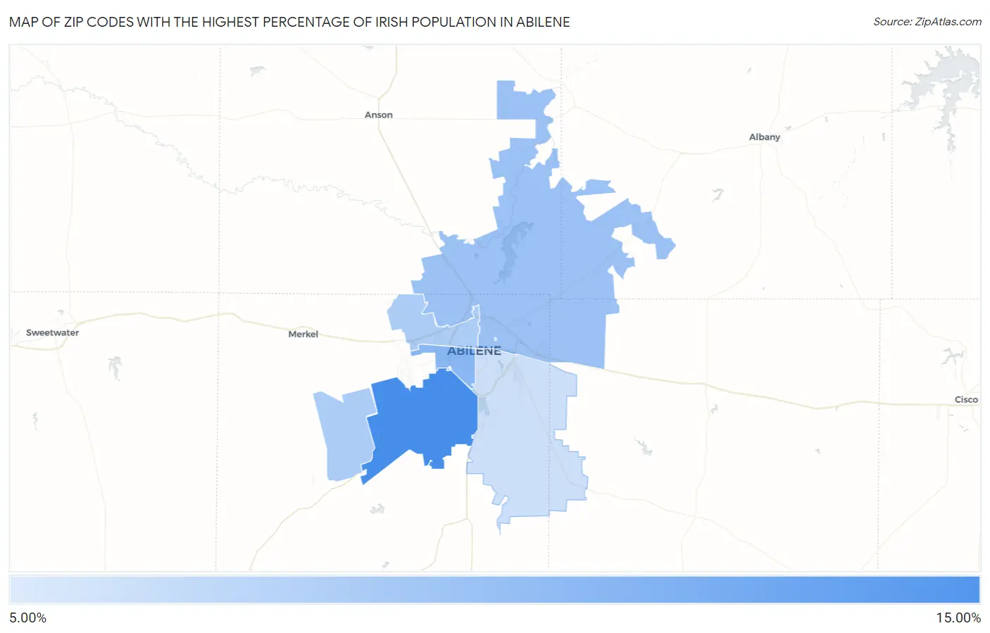 Zip Codes with the Highest Percentage of Irish Population in Abilene Map