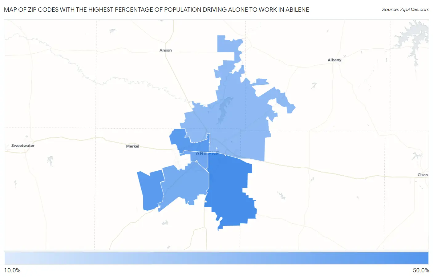 Zip Codes with the Highest Percentage of Population Driving Alone to Work in Abilene Map