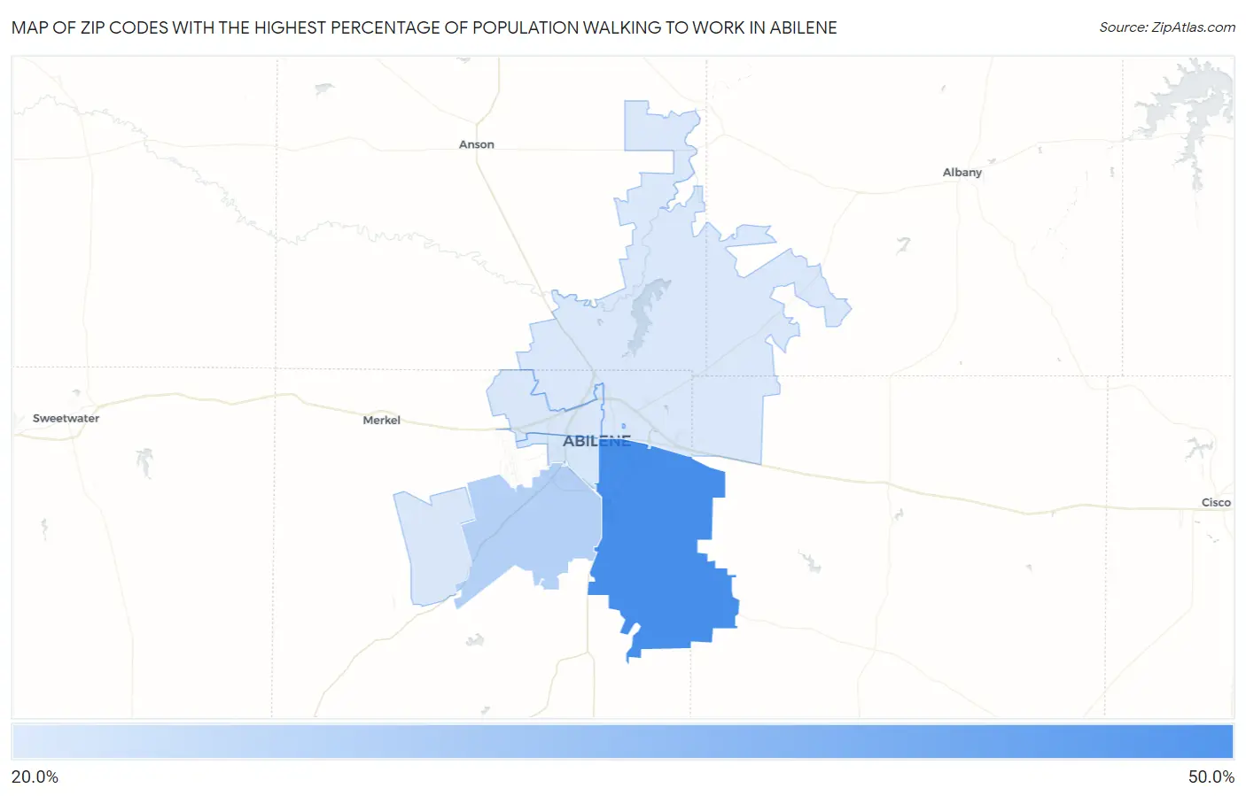 Zip Codes with the Highest Percentage of Population Walking to Work in Abilene Map
