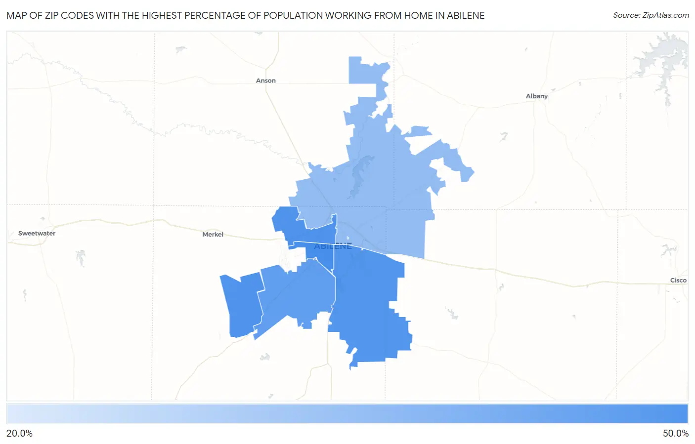 Zip Codes with the Highest Percentage of Population Working from Home in Abilene Map