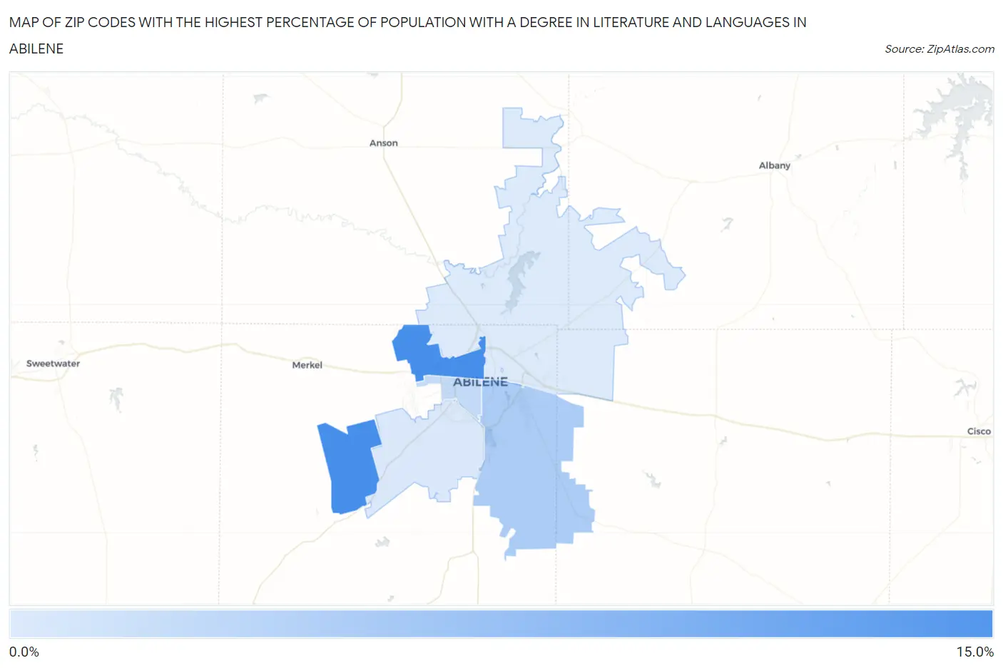 Zip Codes with the Highest Percentage of Population with a Degree in Literature and Languages in Abilene Map