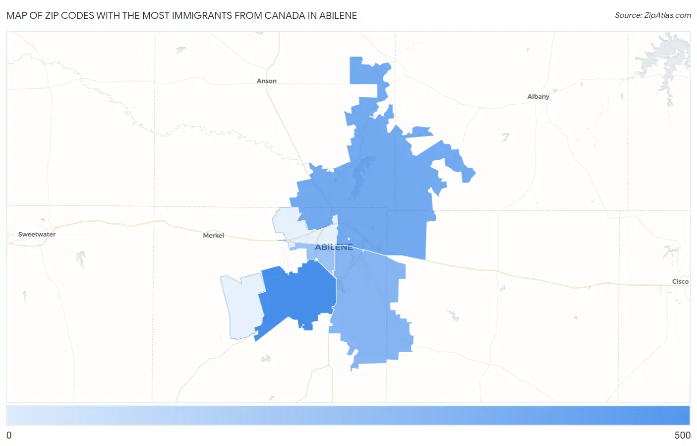Zip Codes with the Most Immigrants from Canada in Abilene Map