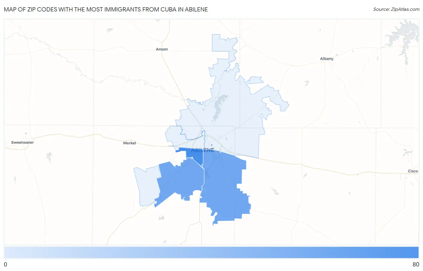 Zip Codes with the Most Immigrants from Cuba in Abilene Map