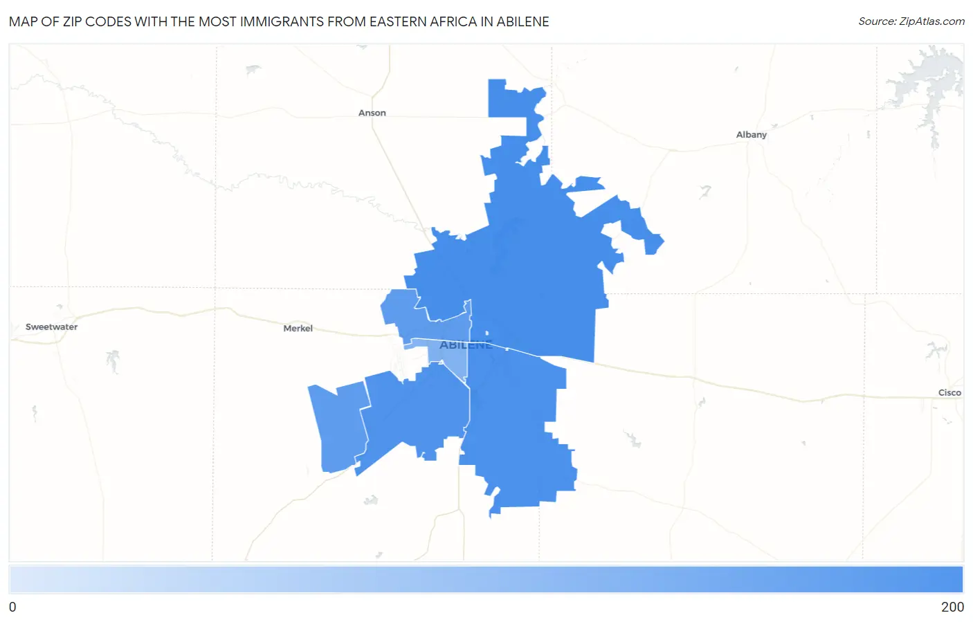 Zip Codes with the Most Immigrants from Eastern Africa in Abilene Map