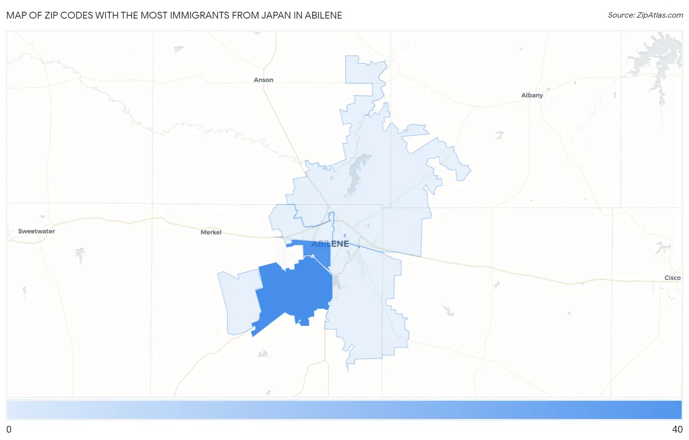 Zip Codes with the Most Immigrants from Japan in Abilene Map