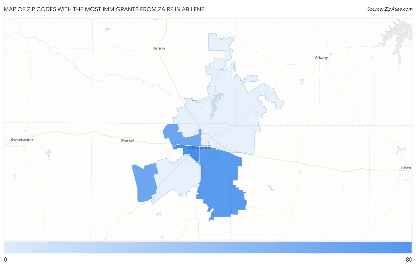 Zip Codes with the Most Immigrants from Zaire in Abilene Map