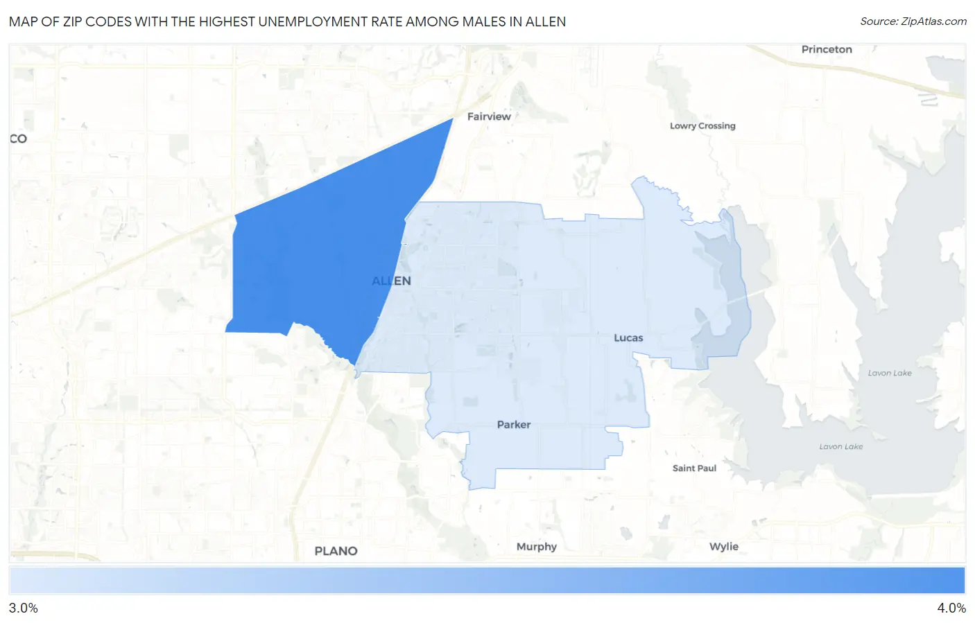 Zip Codes with the Highest Unemployment Rate Among Males in Allen Map