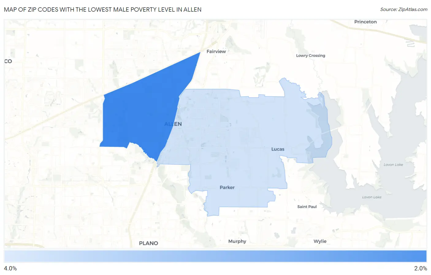Zip Codes with the Lowest Male Poverty Level in Allen Map
