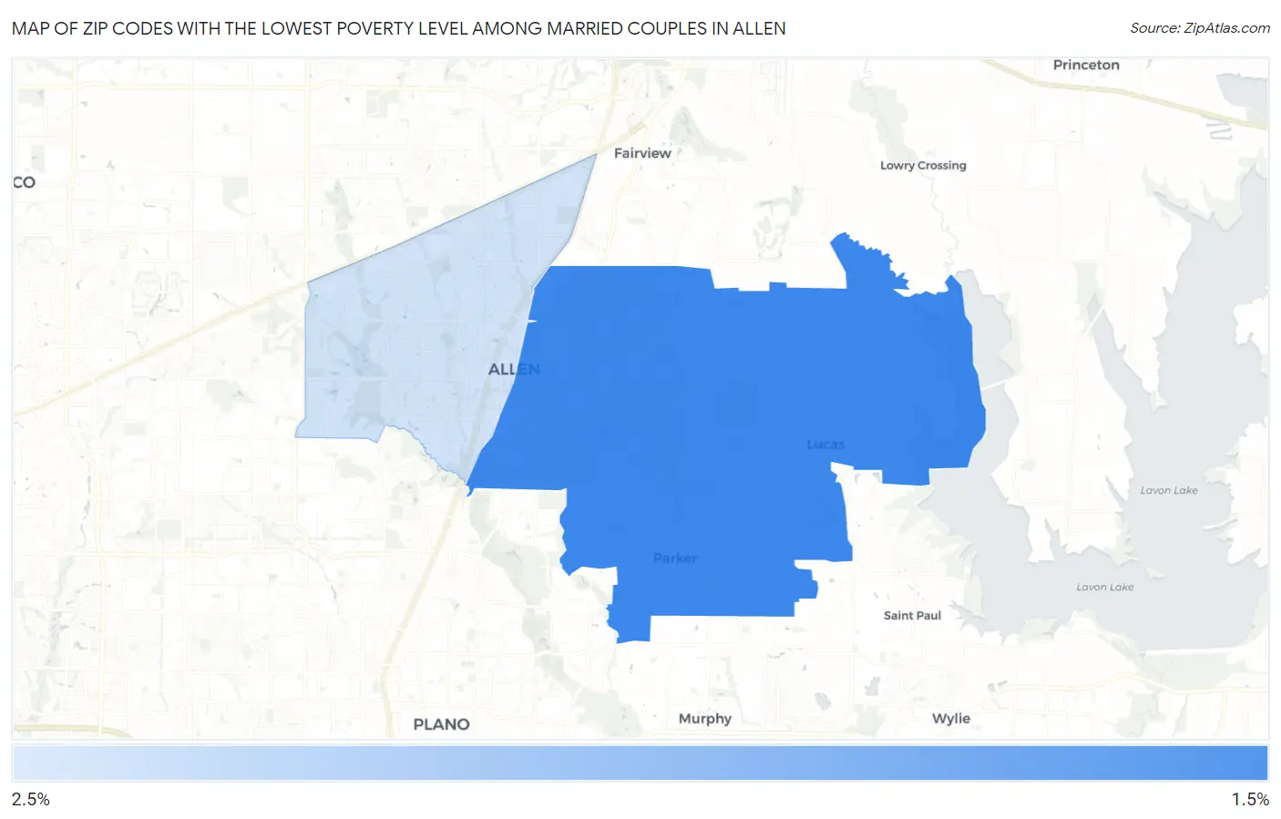 Zip Codes with the Lowest Poverty Level Among Married Couples in Allen Map