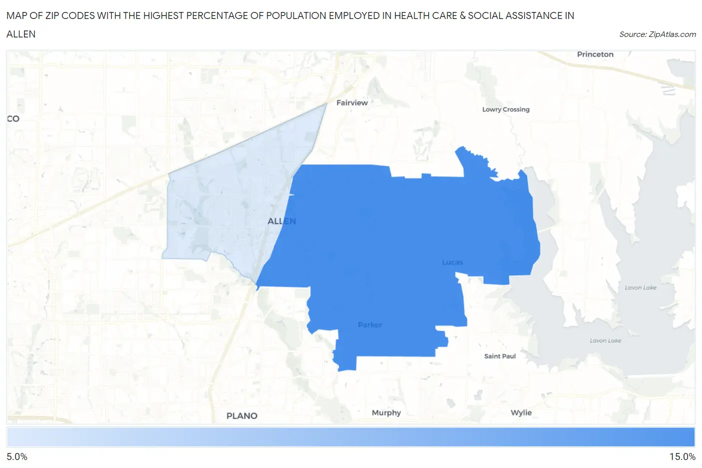Zip Codes with the Highest Percentage of Population Employed in Health Care & Social Assistance in Allen Map