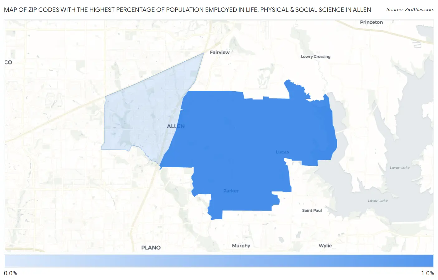 Zip Codes with the Highest Percentage of Population Employed in Life, Physical & Social Science in Allen Map