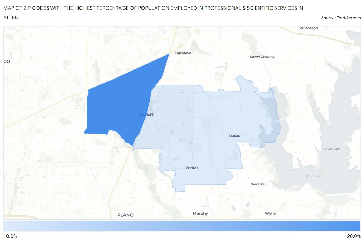 Zip Codes with the Highest Percentage of Population Employed in Professional & Scientific Services in Allen Map