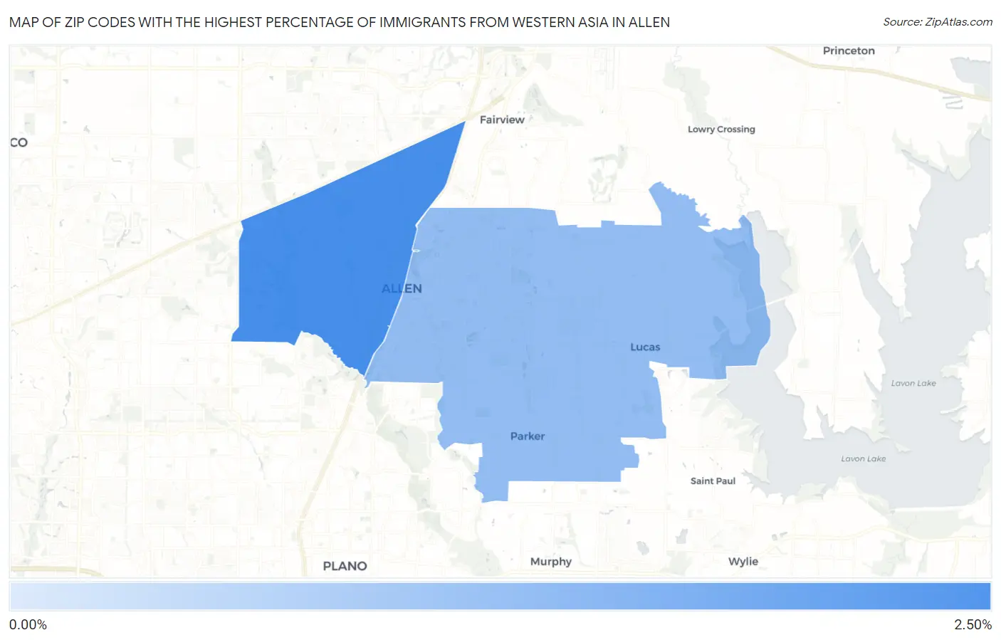 Zip Codes with the Highest Percentage of Immigrants from Western Asia in Allen Map