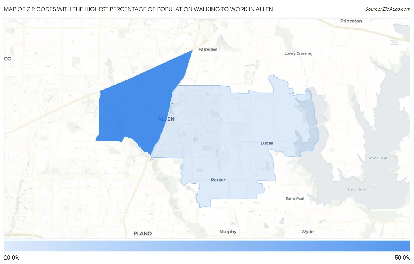 Zip Codes with the Highest Percentage of Population Walking to Work in Allen Map