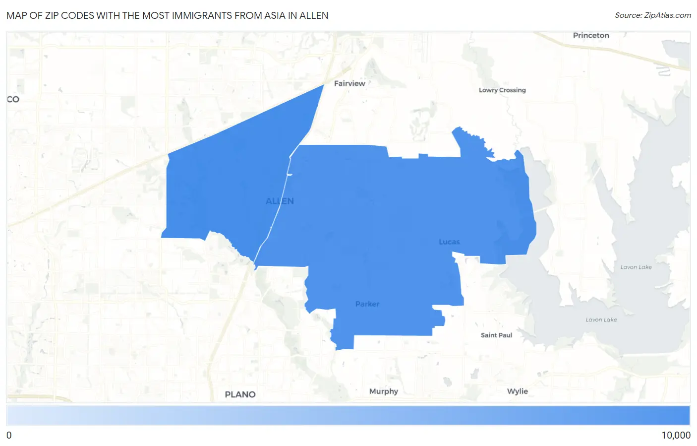 Zip Codes with the Most Immigrants from Asia in Allen Map