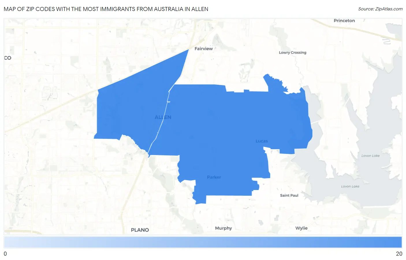 Zip Codes with the Most Immigrants from Australia in Allen Map