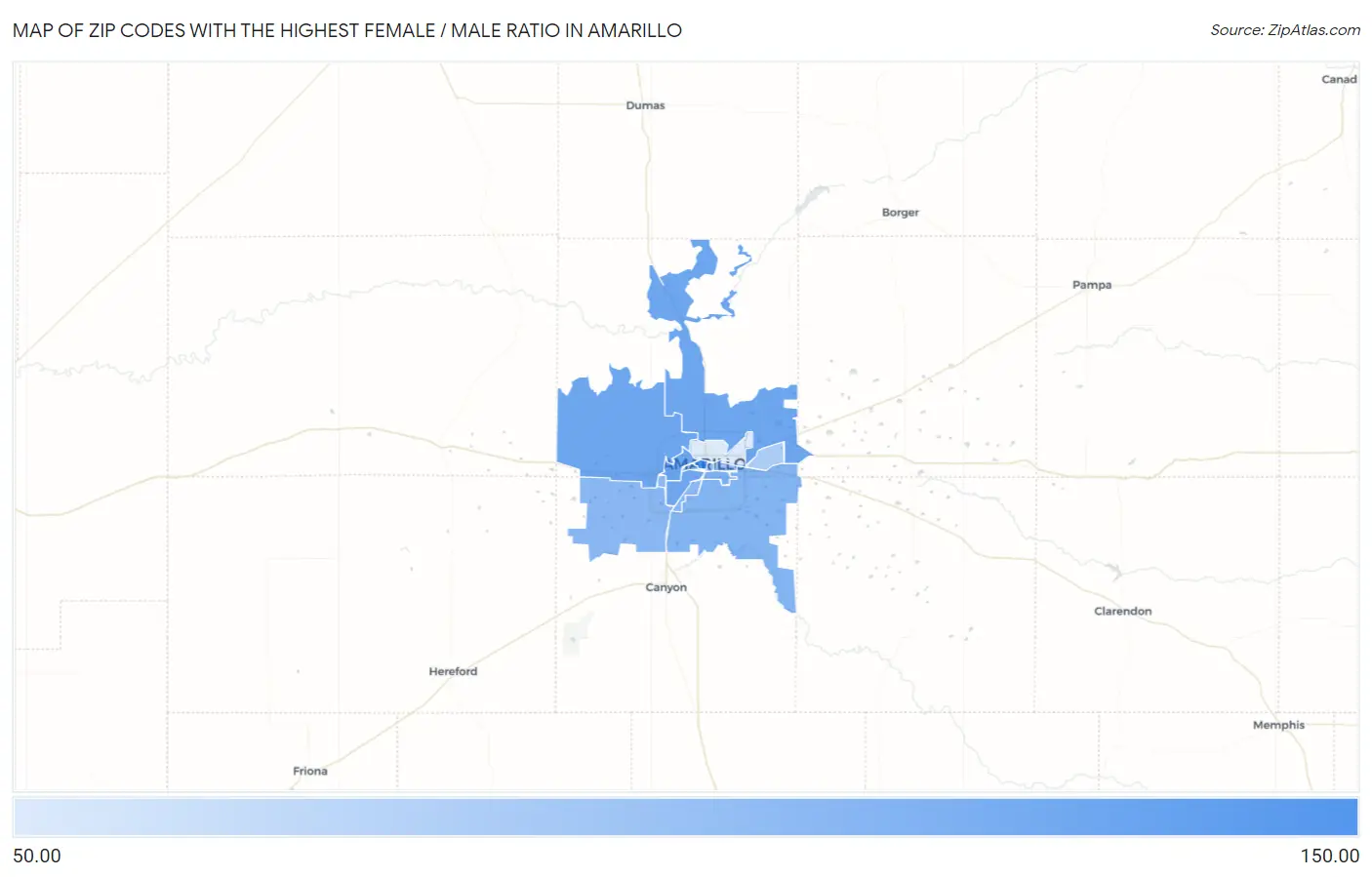 Zip Codes with the Highest Female / Male Ratio in Amarillo Map