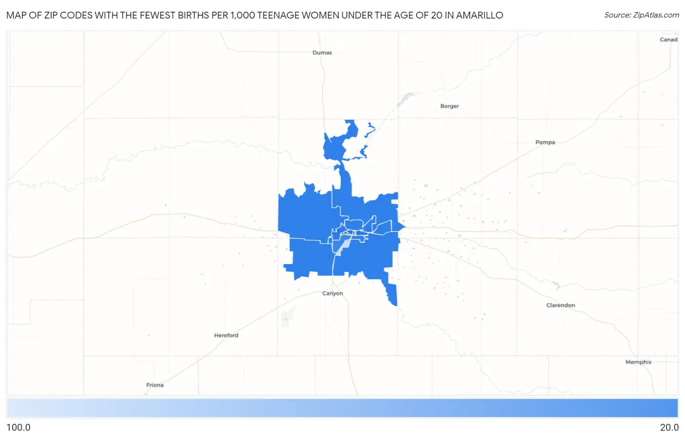 Zip Codes with the Fewest Births per 1,000 Teenage Women Under the Age of 20 in Amarillo Map