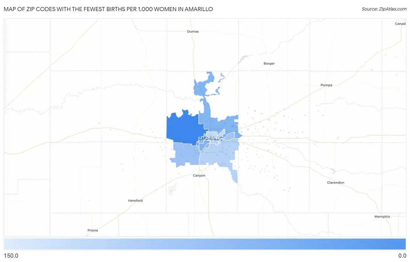 Zip Codes with the Fewest Births per 1,000 Women in Amarillo Map