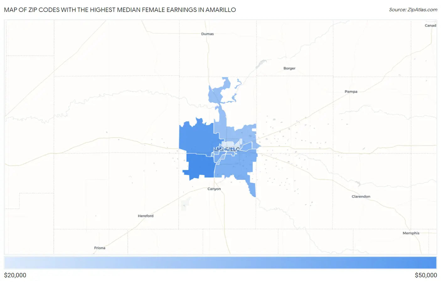 Zip Codes with the Highest Median Female Earnings in Amarillo Map