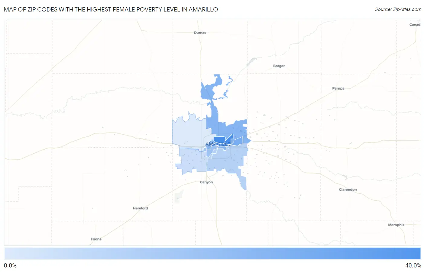 Zip Codes with the Highest Female Poverty Level in Amarillo Map