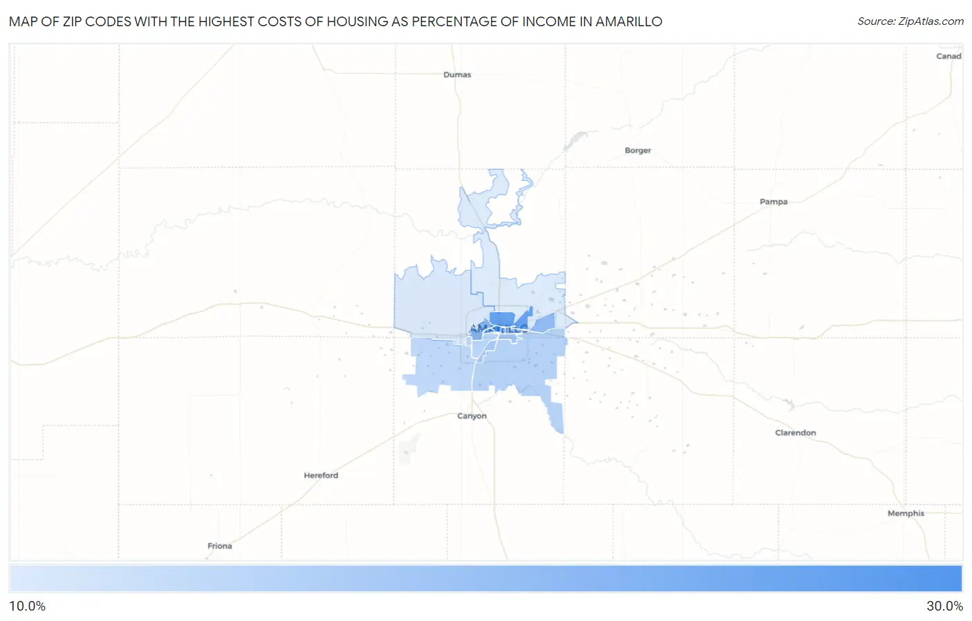 Zip Codes with the Highest Costs of Housing as Percentage of Income in Amarillo Map
