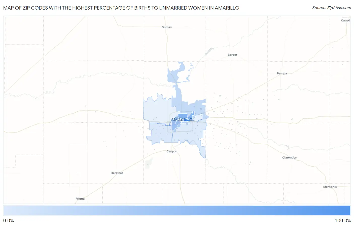 Zip Codes with the Highest Percentage of Births to Unmarried Women in Amarillo Map