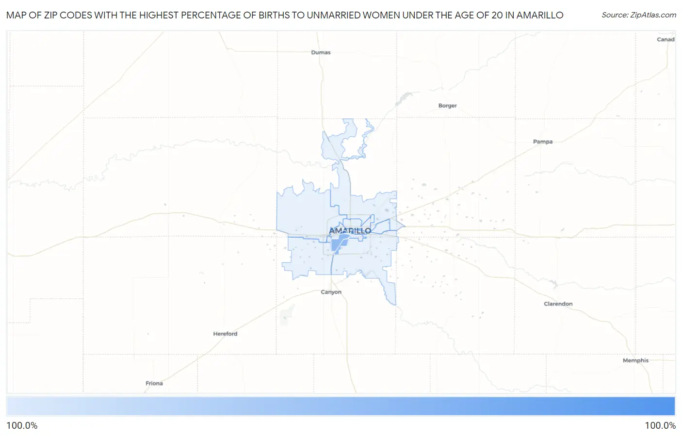 Zip Codes with the Highest Percentage of Births to Unmarried Women under the Age of 20 in Amarillo Map