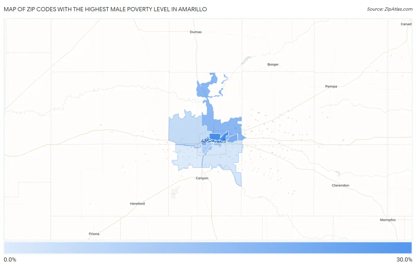Zip Codes with the Highest Male Poverty Level in Amarillo Map