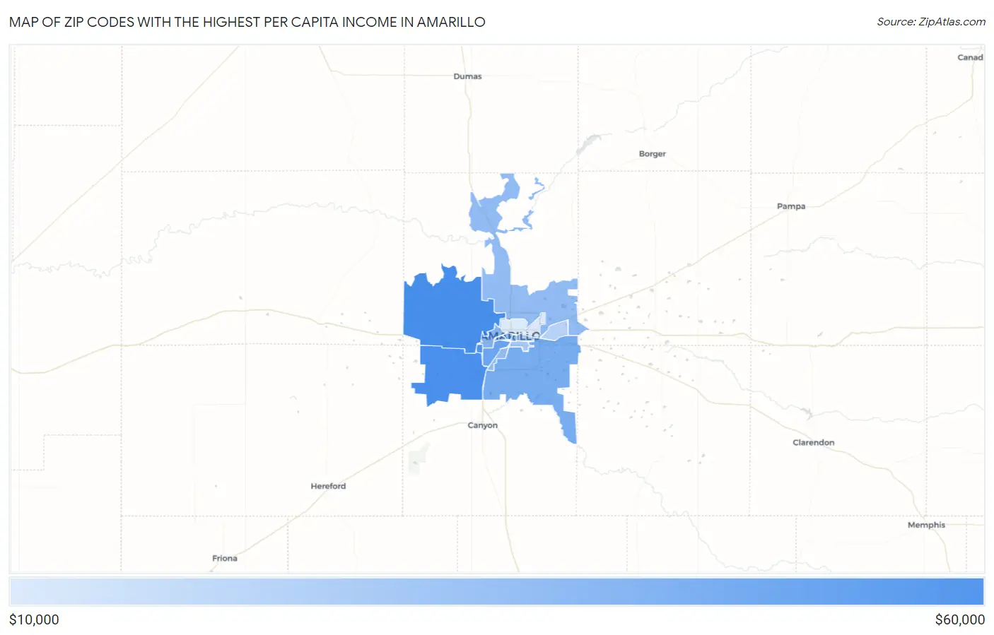 Zip Codes with the Highest Per Capita Income in Amarillo Map