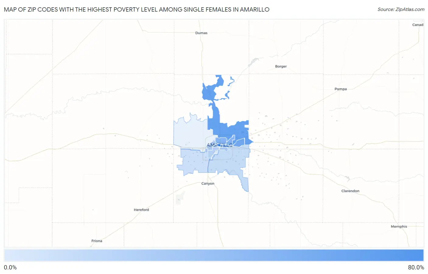 Zip Codes with the Highest Poverty Level Among Single Females in Amarillo Map