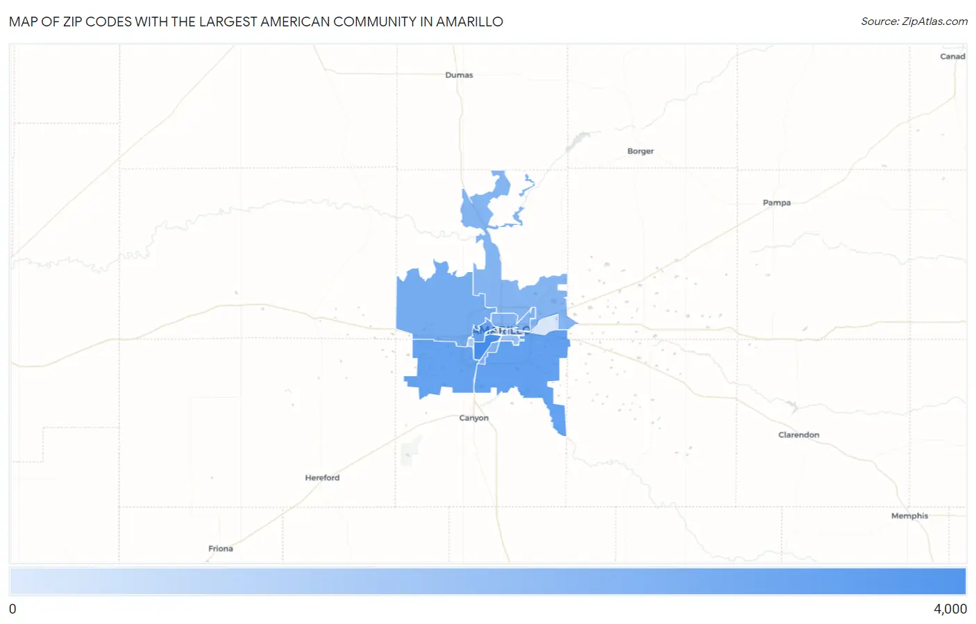 Zip Codes with the Largest American Community in Amarillo Map
