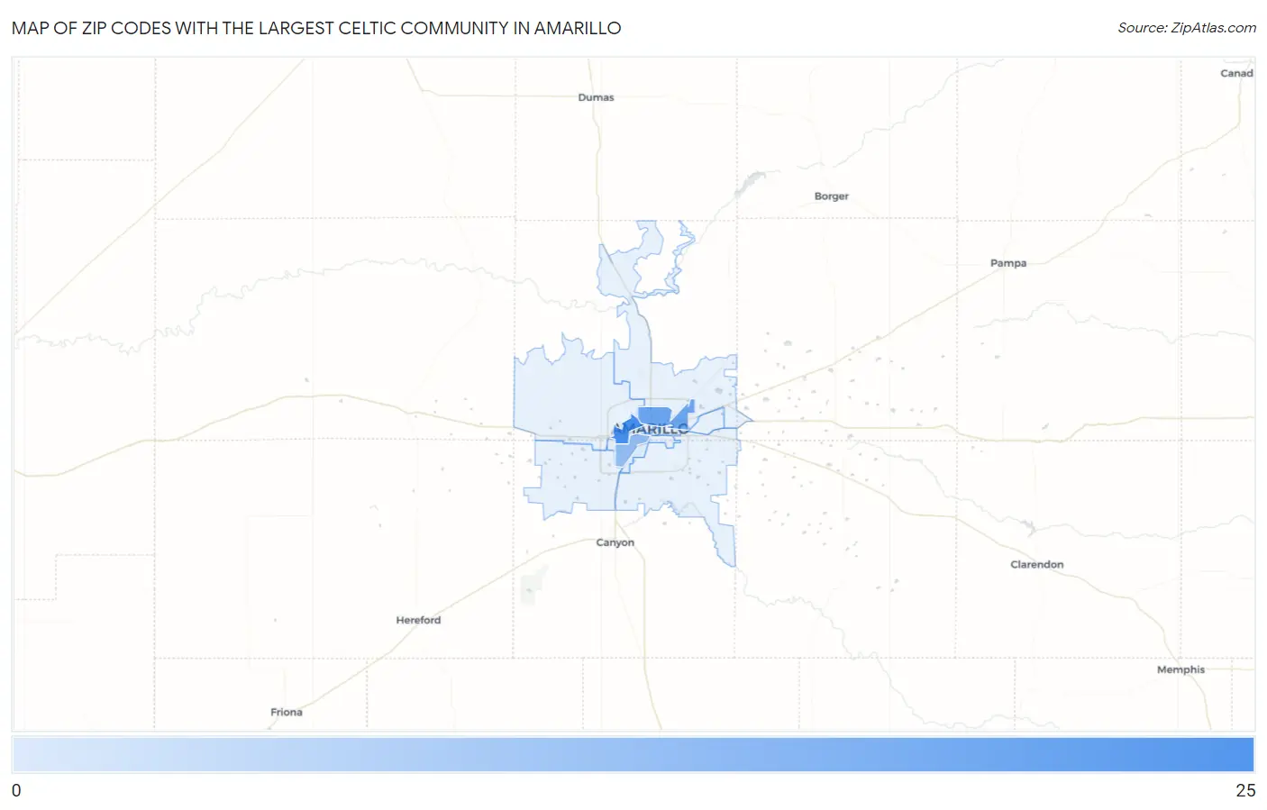 Zip Codes with the Largest Celtic Community in Amarillo Map