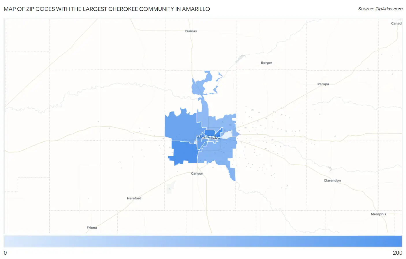 Zip Codes with the Largest Cherokee Community in Amarillo Map