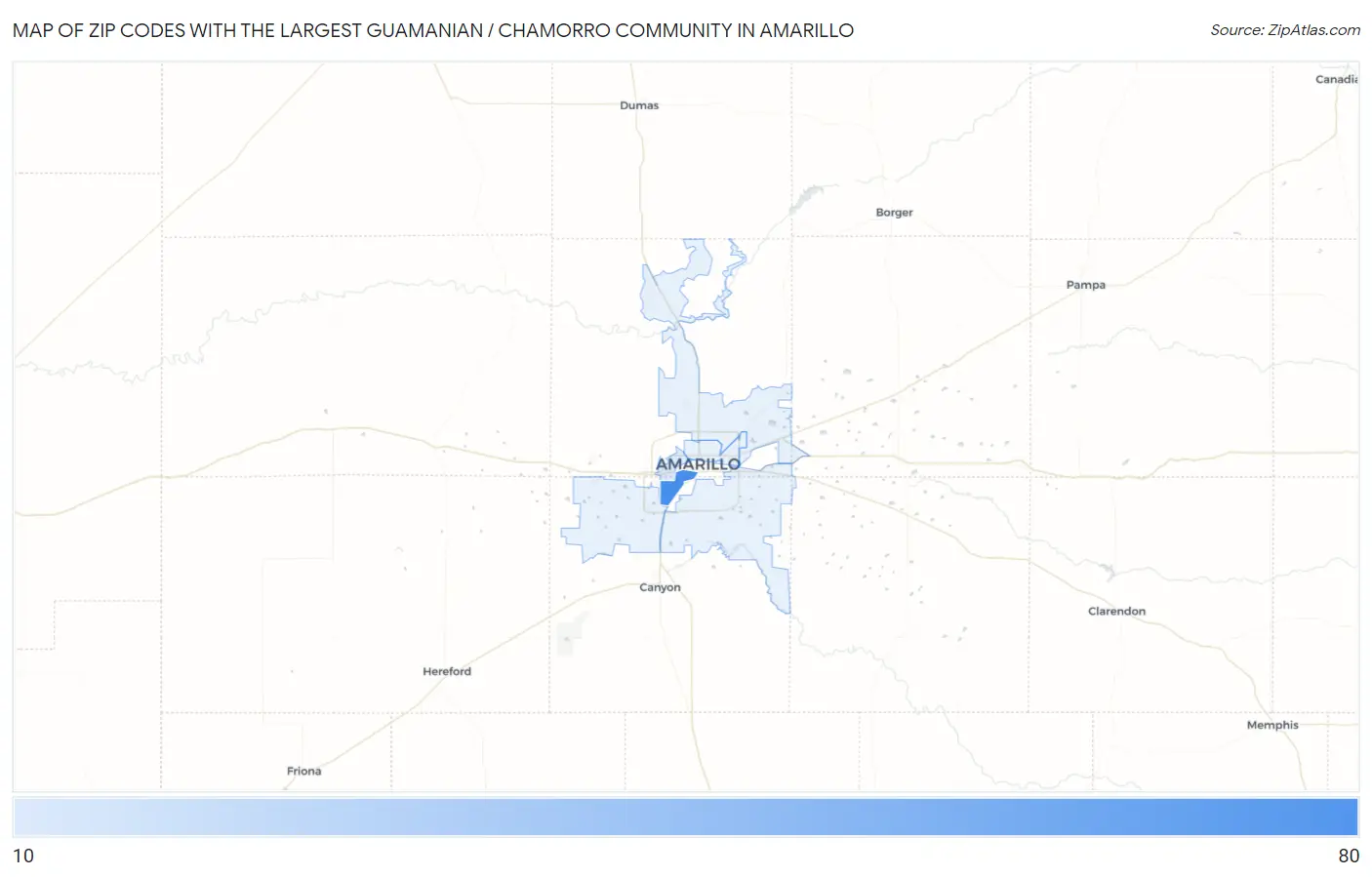 Zip Codes with the Largest Guamanian / Chamorro Community in Amarillo Map