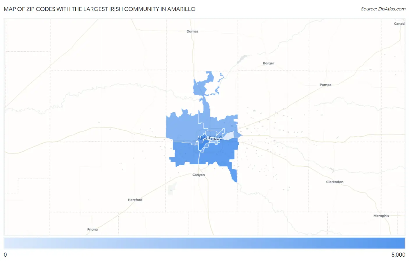 Zip Codes with the Largest Irish Community in Amarillo Map