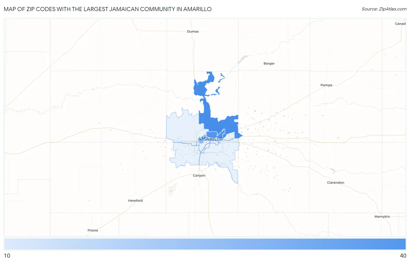 Zip Codes with the Largest Jamaican Community in Amarillo Map