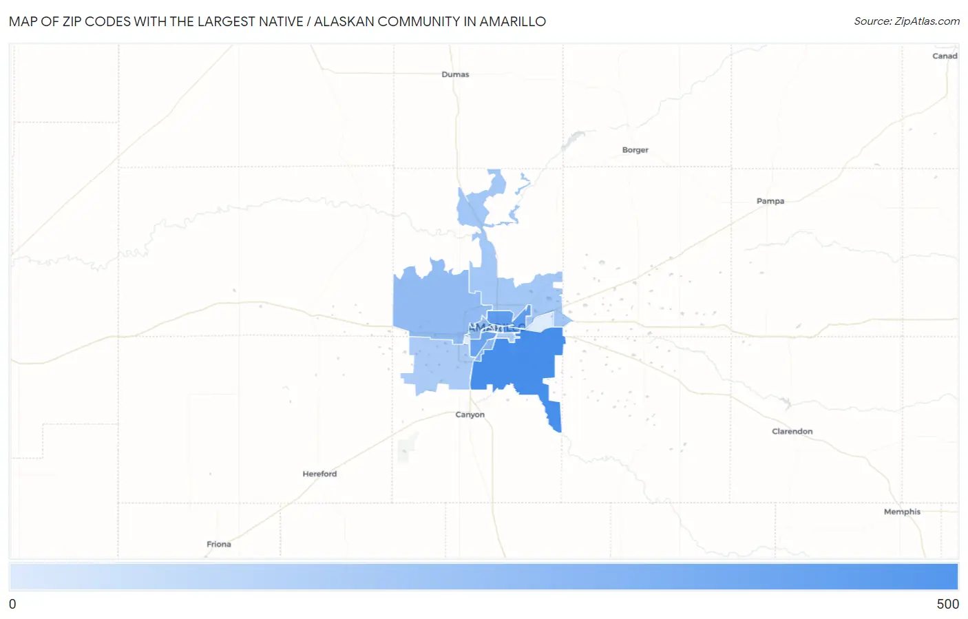 Zip Codes with the Largest Native / Alaskan Community in Amarillo Map
