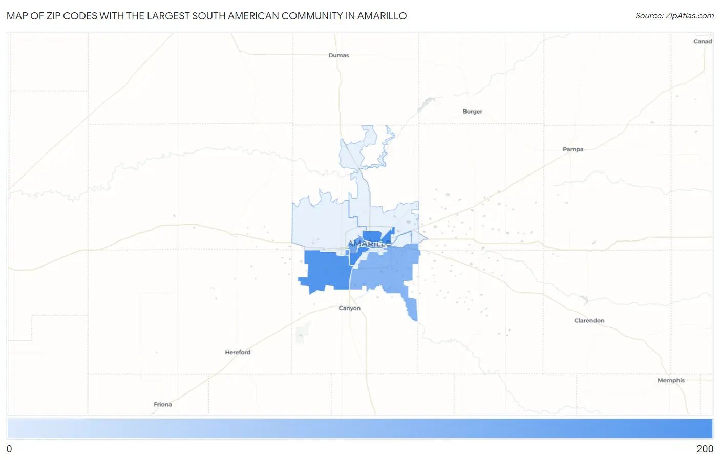 Zip Codes with the Largest South American Community in Amarillo Map