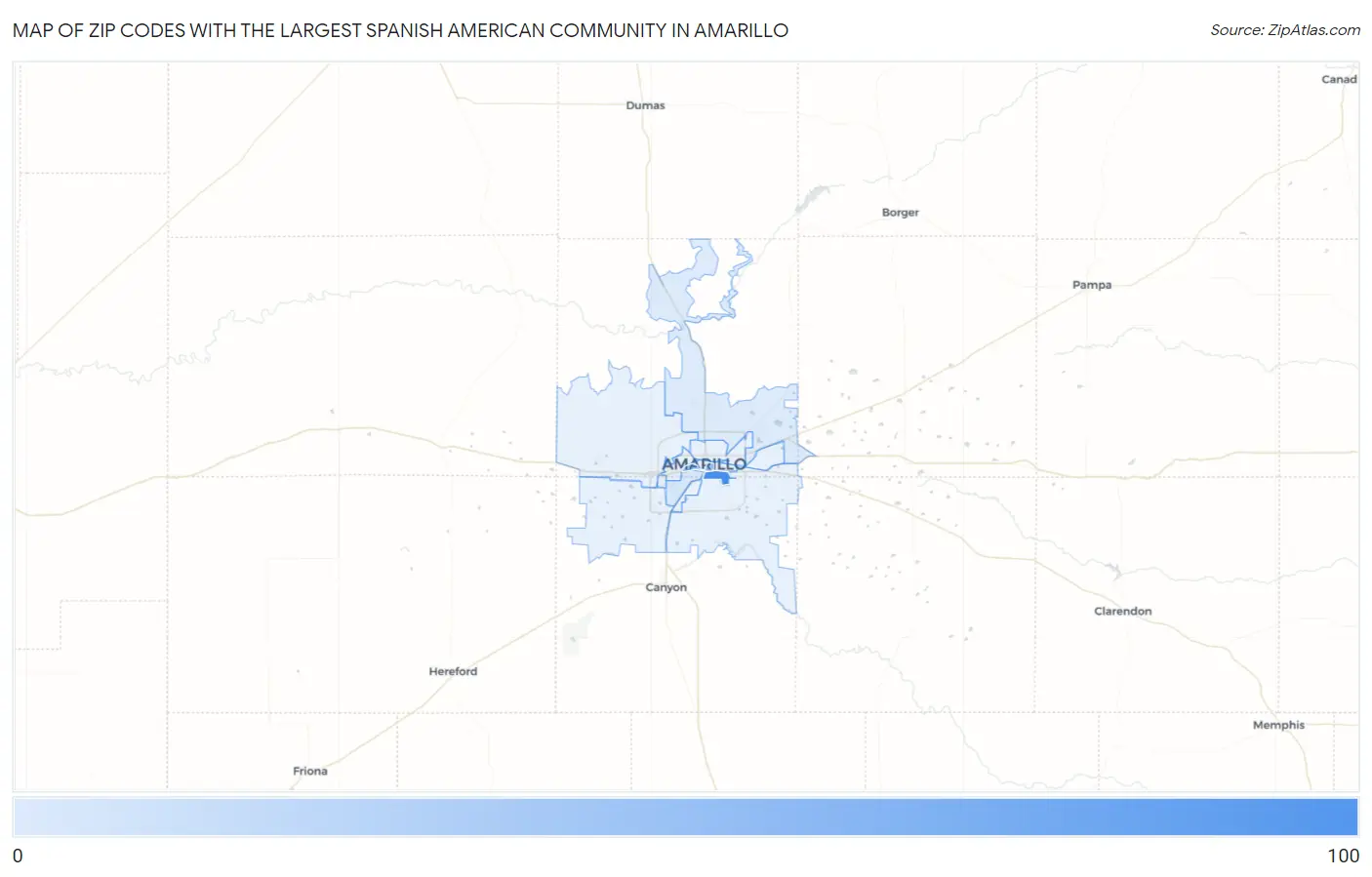 Zip Codes with the Largest Spanish American Community in Amarillo Map