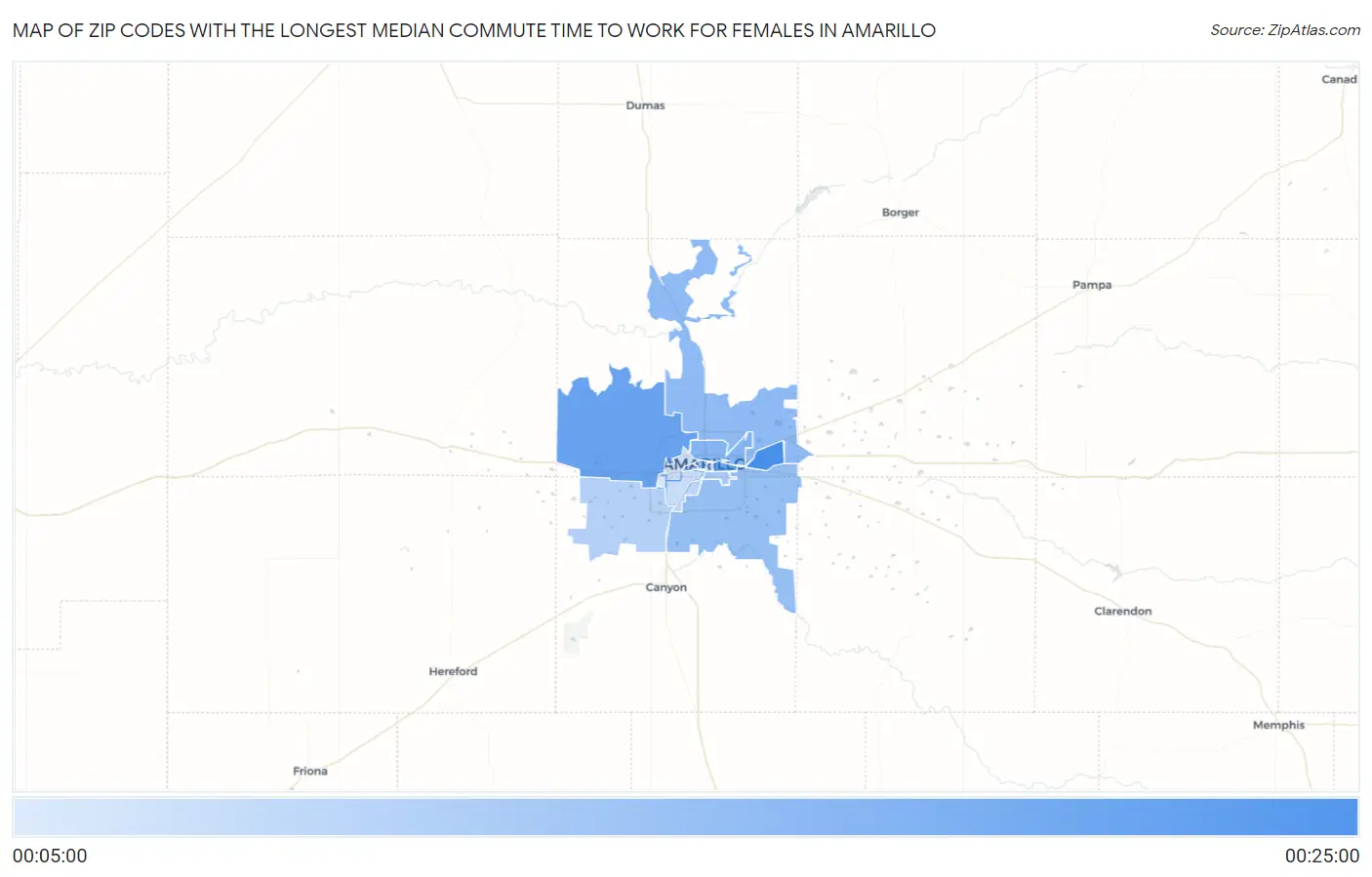 Zip Codes with the Longest Median Commute Time to Work for Females in Amarillo Map