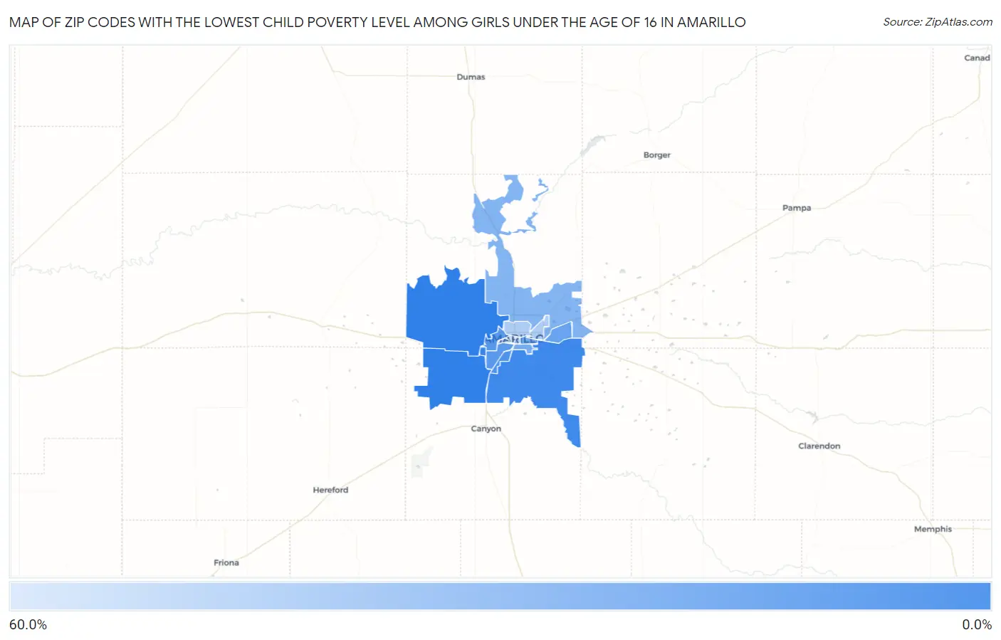 Zip Codes with the Lowest Child Poverty Level Among Girls Under the Age of 16 in Amarillo Map