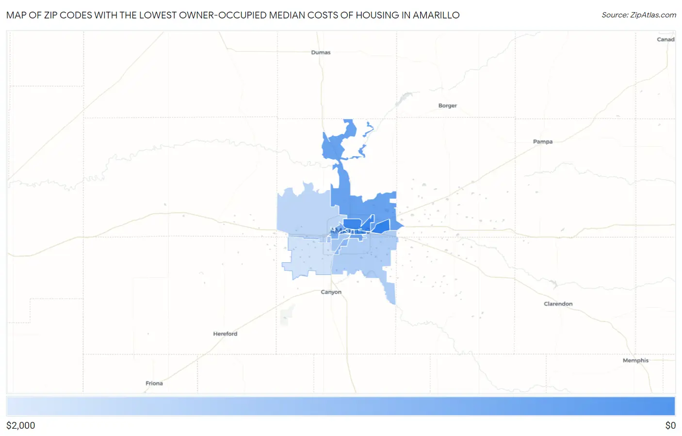 Zip Codes with the Lowest Owner-Occupied Median Costs of Housing in Amarillo Map