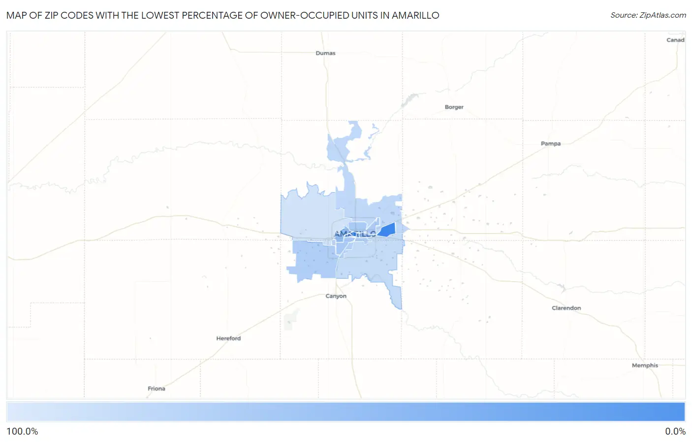 Zip Codes with the Lowest Percentage of Owner-Occupied Units in Amarillo Map