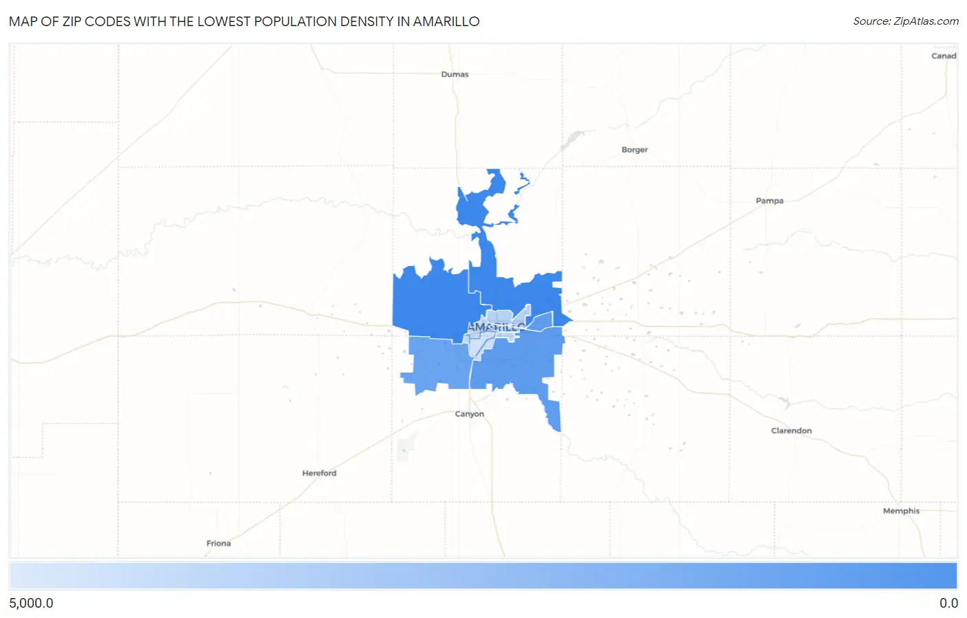 Zip Codes with the Lowest Population Density in Amarillo Map