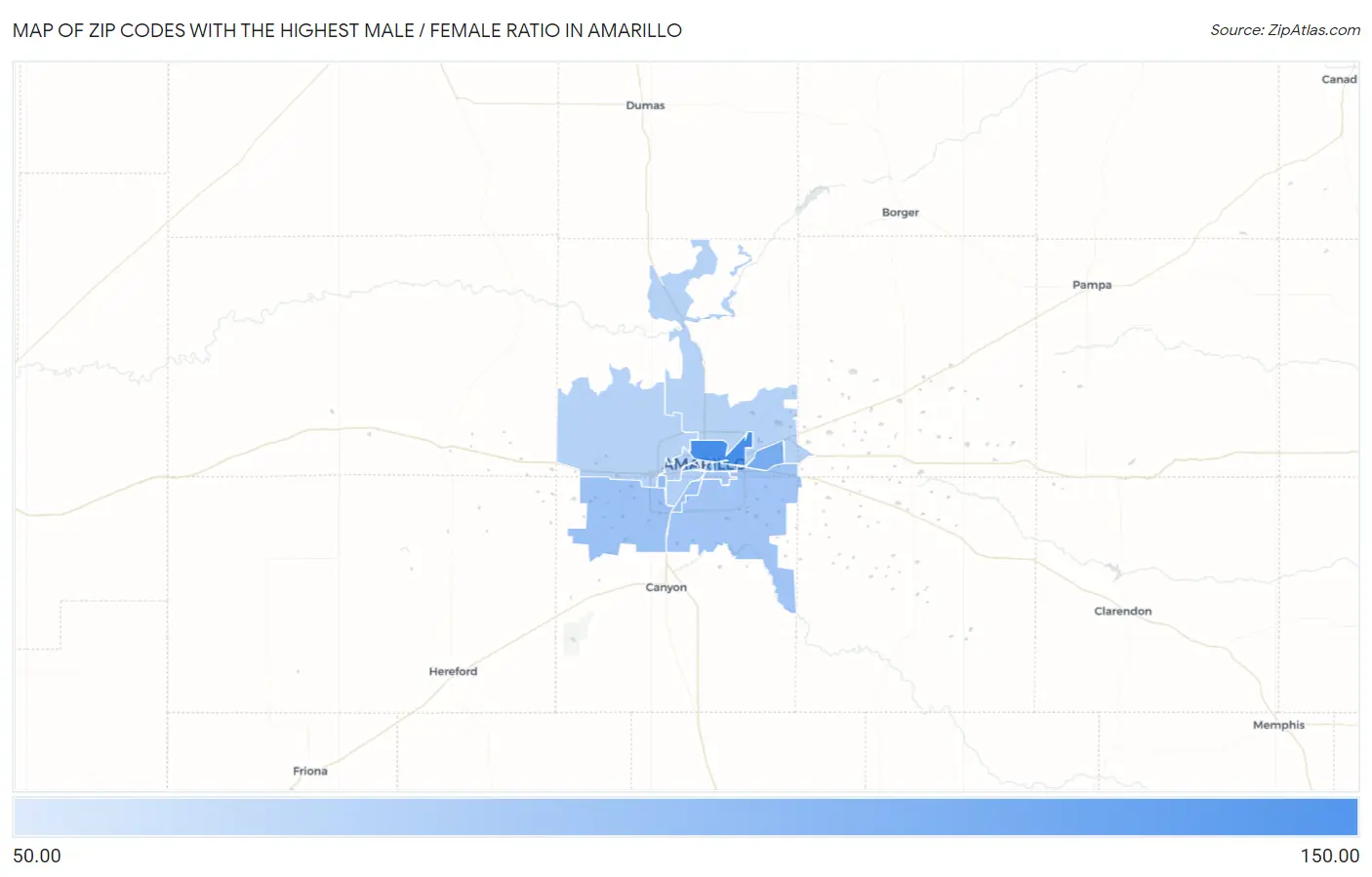 Zip Codes with the Highest Male / Female Ratio in Amarillo Map